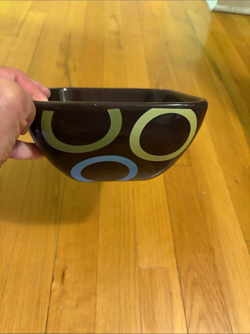Modern Brown Ceramic Bowl with Blue and Yellow/Green Circle Accents